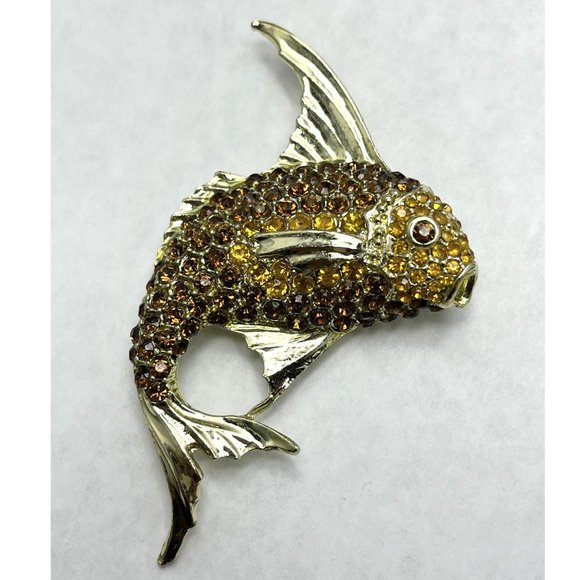 Vintage Brown Rhinestone Fish Brooch Pin